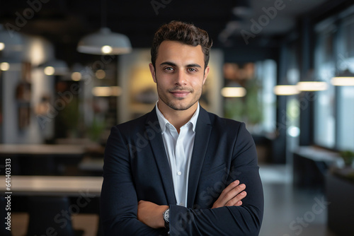 Generative AI photo portrait of handsome intelligent man with folded arms looking camera in modern classroom office