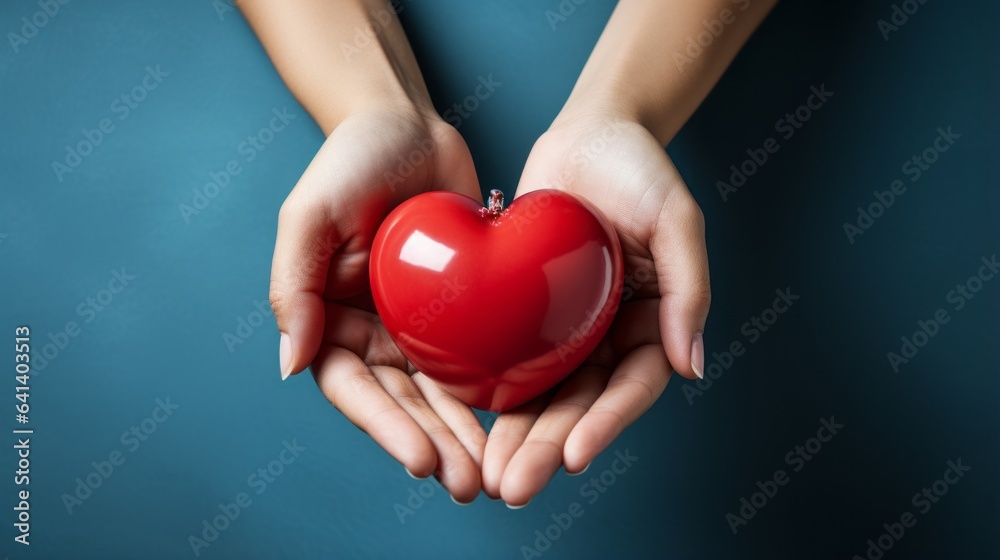 Heart Held in Hands on Blue Background.