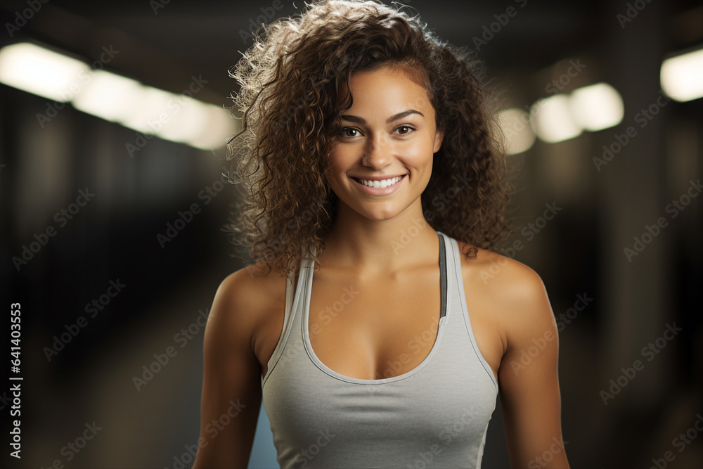 Photo portrait of happy beautiful woman professional trainer in sport gym healthy lifestyle and generative AI concept