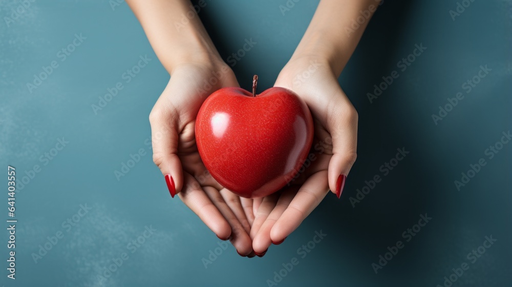 Hands Embracing Heart on Blue Background.