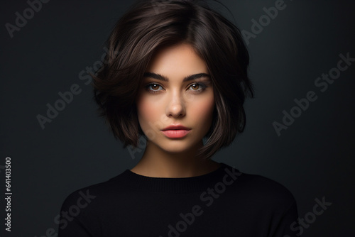 Tela Generative AI portrait of fashion model brunette hair short haircut trendy salon