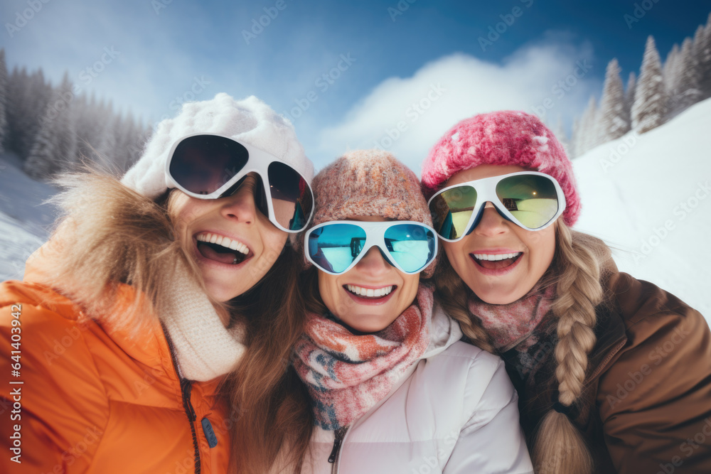 Three beautiful happy young women with sunglasses and winter clothing having fun in ski resort Bukovel, winter holiday concept. Three beautiful happy young women with sunglasses and winter clothing having fun in ski resort Bukovel, winter holiday concept.