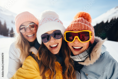 Three beautiful happy young women with sunglasses and winter clothing having fun in ski resort Bukovel, winter holiday concept. © Jasmina