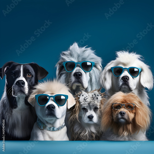 Photo group of dog celebrating world animal day on blue background generative ai