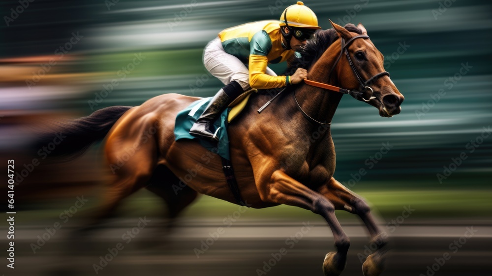 Fototapeta premium Jockey champion on racing horse. 