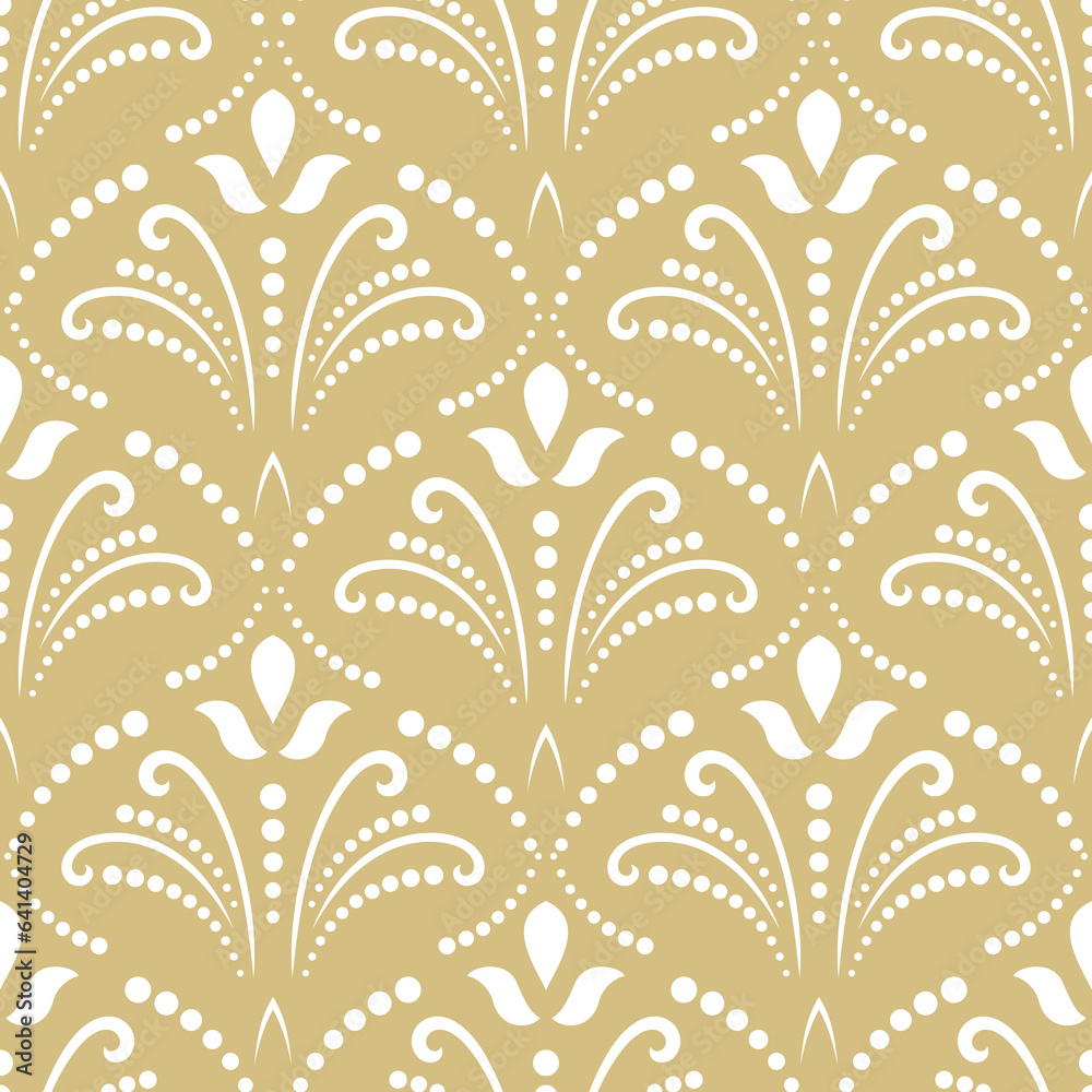 Floral ornament. Seamless abstract classic background with flowers. Golden and white pattern with repeating floral elements. Ornament for fabric, wallpaper and packaging