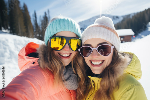 Two beautiful happy young women with sunglasses and winter clothing having fun in ski resort Bukovel, winter holiday concept.