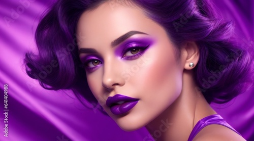 Closeup Portrait of a Female Fashion Model with Short Hair, Purple Lips, Matte Makeup, Wearing Purple Dress, Vibrant Background. Fashion Editorial Concept