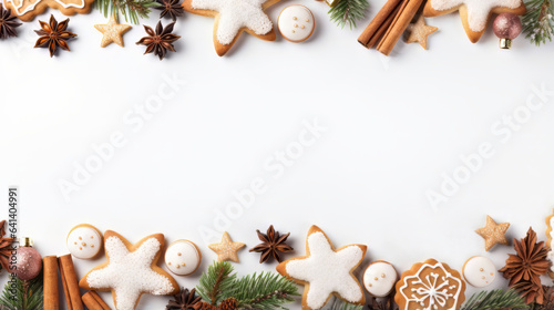 Flaches Design, Weihnachtsbanner, Weihnachtsplätzchen, Zimtstangen, Tannenzweige, Sternanis und Zimtstangen auf weißem Hintergrund mit viel Platz in der Mitte