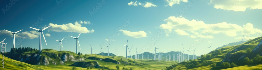 Green energy concept. Wind turbines against the backdrop of a green landscape and blue sky. Green energy concept. Wind turbines against the backdrop of a green landscape and blue sky.