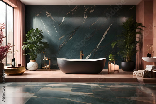 Anthracite Bathtub  Marble Tiles  Parquet Flooring  and Greenery in a Modern Bathroom