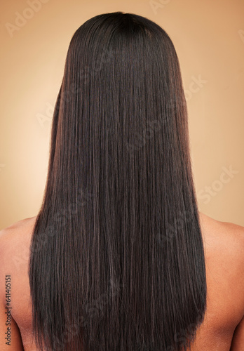 Hair, woman and back, beauty and cosmetics with shampoo and keratin treatment shine isolated on studio background. Texture, wellness and haircare, straight hairstyle and natural makeup with growth