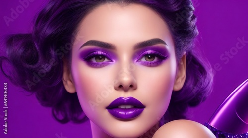 Closeup Portrait of a Female Fashion Model with Short Hair, Purple Lips, Matte Makeup, Vibrant Background. Fashion Editorial Concept