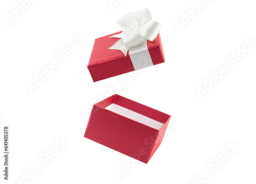 open red gift box with white ribbon bow isolated on transparent, lid floating