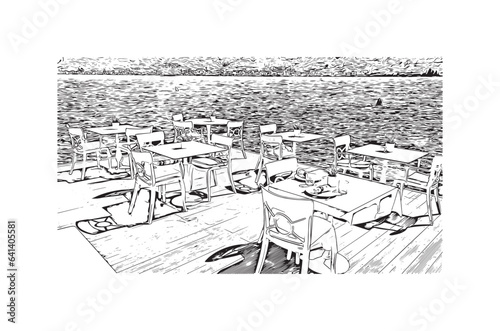 Building view with landmark of Perast is the 
town in Montenegro. Hand drawn sketch illustration in vector.