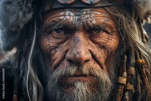 Generative AI close up portrait of old man wise warrior ethnic typical inhabitant leader of the tribes looking straight into the camera