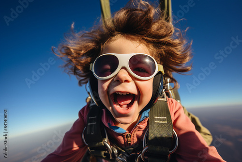 Picture made with generative technology AI of positive happy boy small parachutist in free fall blue sky