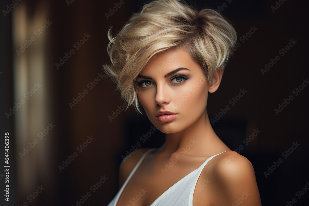 Obraz na płótnie Generative AI picture portrait of young beautiful woman with short haircut styling w salonie