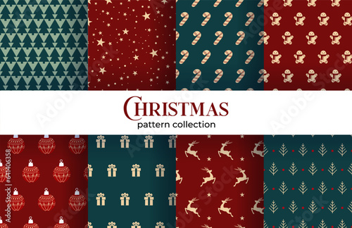 Vector Set of simple Seamless Christmas and New Year`s patterns. Winter and Christmas elements on a dark background. Wrap for gifts. 