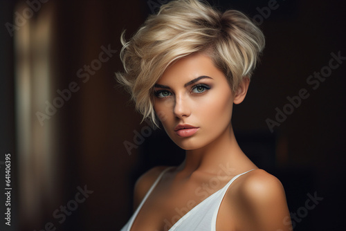 Generative AI picture portrait of young beautiful woman with short haircut styling