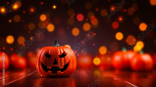 Festive banner with halloween decorations. Jack O lantern. Postcard with copy space. Black dark and orange shiny glitter with pumpkins. Bokeh background. Generative AI