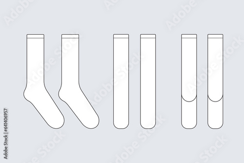 Socks vector template isolated on white. Unisex clothes. Apparel models sketch set. Outline for fashion clothes design. Front, right and back view.