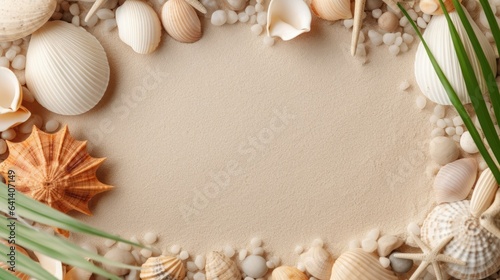 Top view of a sandy beach with collection of white and beige seashells and starfish as natural textured background. Generative AI