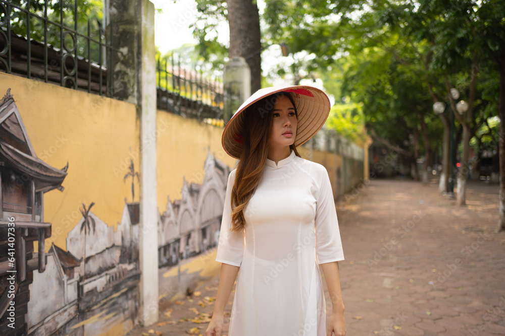 Portrait of Asian Vietnamese woman with Vietnam dress and straw hat with Graffiti in Hanoi, vietnam art drawing on wall. Urban city town. Street photography. People lifestyle.