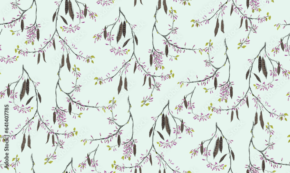 Delicate floral repeat pattern of realistic hand drawn acacia branches with pink flower buds and pods on sky blue backdrop. Blossoming shrub botanical background. 