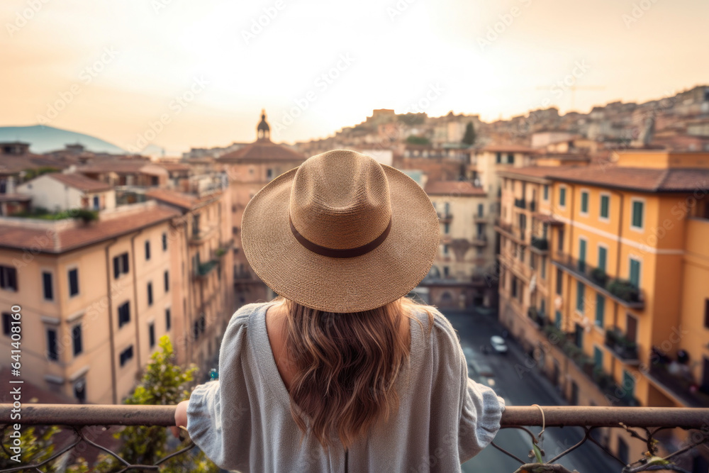 Back view of a female tourist with a big hat standing in front of a summer city. Concept motif on the theme of travel, wanderlust and city trip