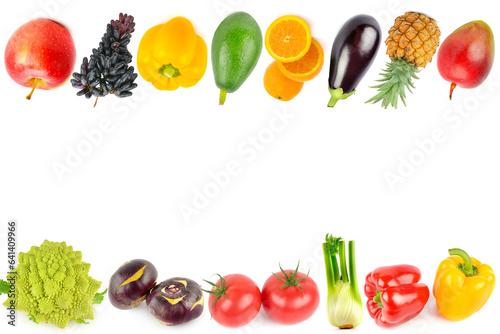 Set of vegetables and fruits isolated on white. Collage. Free space for text.