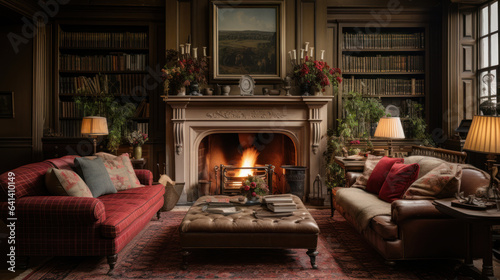 Cozy English living room with a fireplace