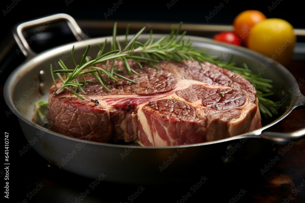 Angus steak leg piece, adorned with rosemary, awaits cooking in steel pan