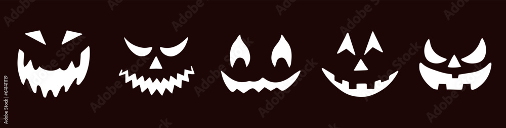 Scary Halloween pumpkin faces icons set on background. Vector graphic. Scary Halloween pumpkin faces icons set on background. Vector graphic.
