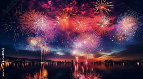 fireworks in the sky, fireworks at night, fireworks over the city, colored firework background