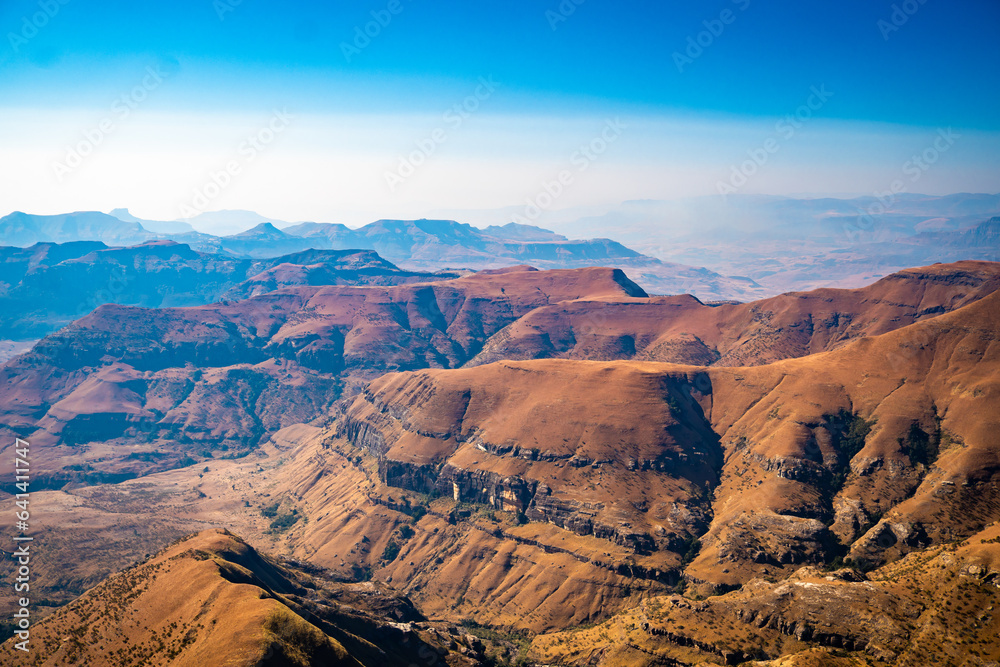 Fototapeta premium Aerial view of Cathedral Peak in Drakensberg mountains, at the Lesotho border in KwaZulu-Natal province, South Africa