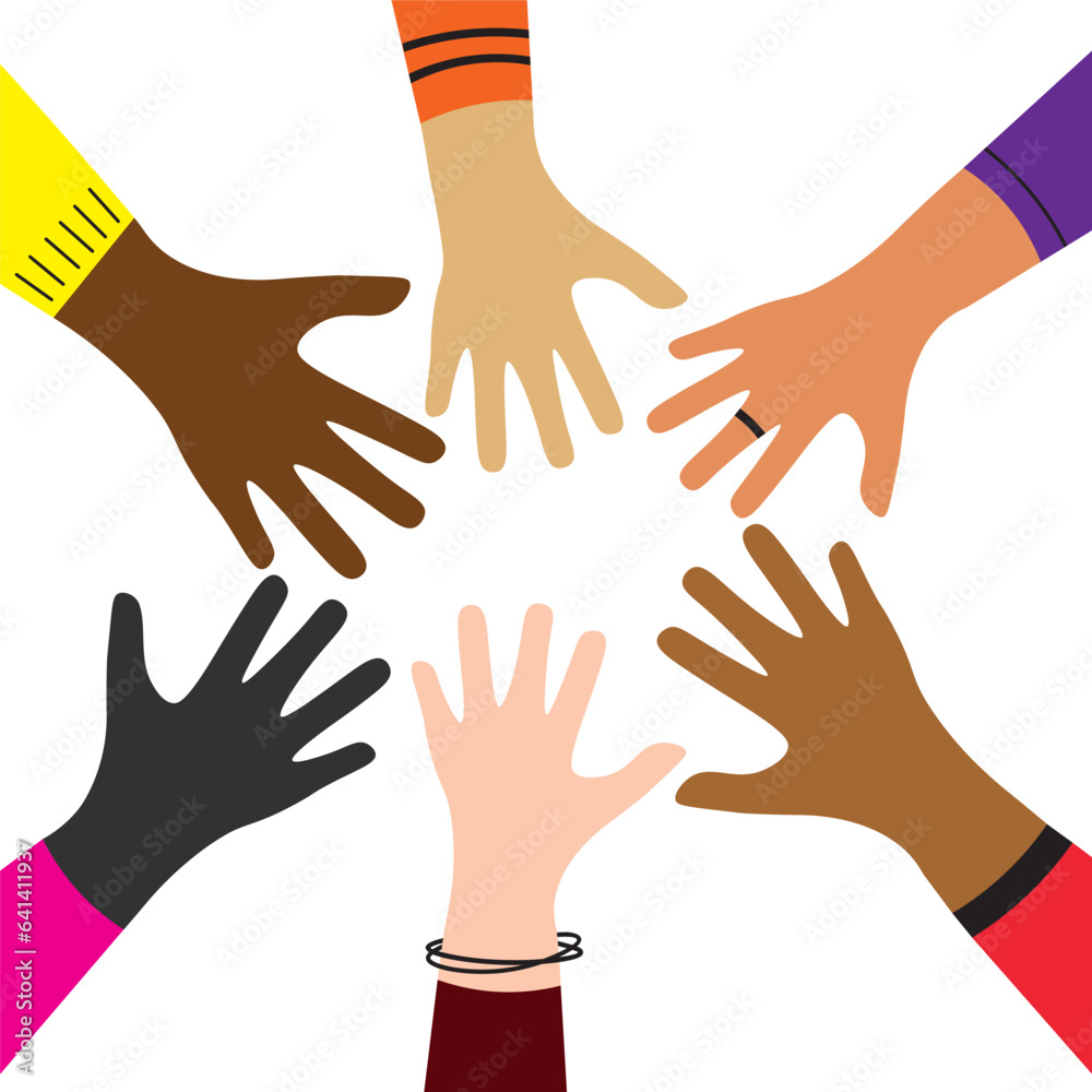 Different colors of hands drawn. Vector background illustration multi ethnic hands, peoples, coexistence harmony, community, friendship, peace,joy, children's hands. Element for print, card, design