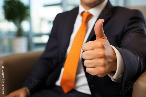 businessman wearing black suit and tie showing thumbs up Generative AI.