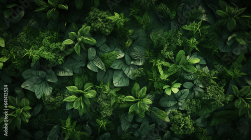 Overhead view of a forest canopy filled with green flora.
