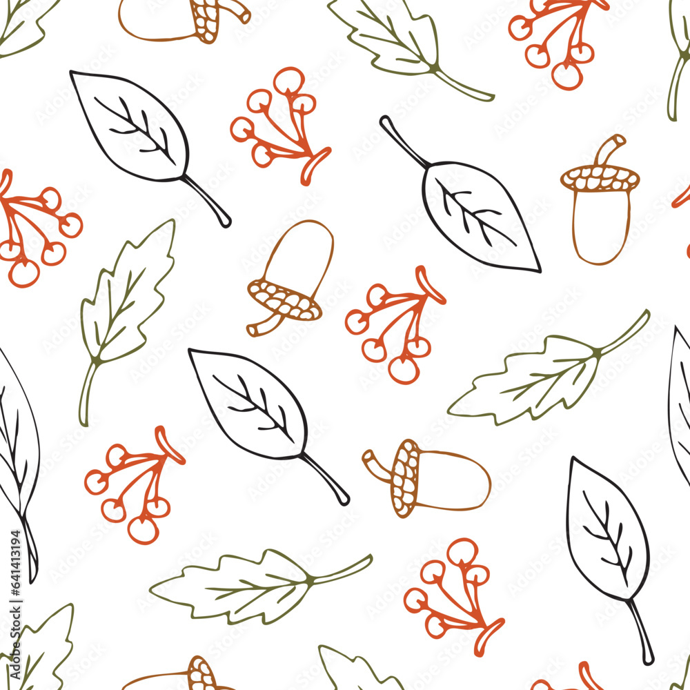 seamless pattern. textile. pattern. style. autumn. leaf fall. bear. basket with mushrooms. mushrooms. doodle drawing. postcard. background picture. actual colors.