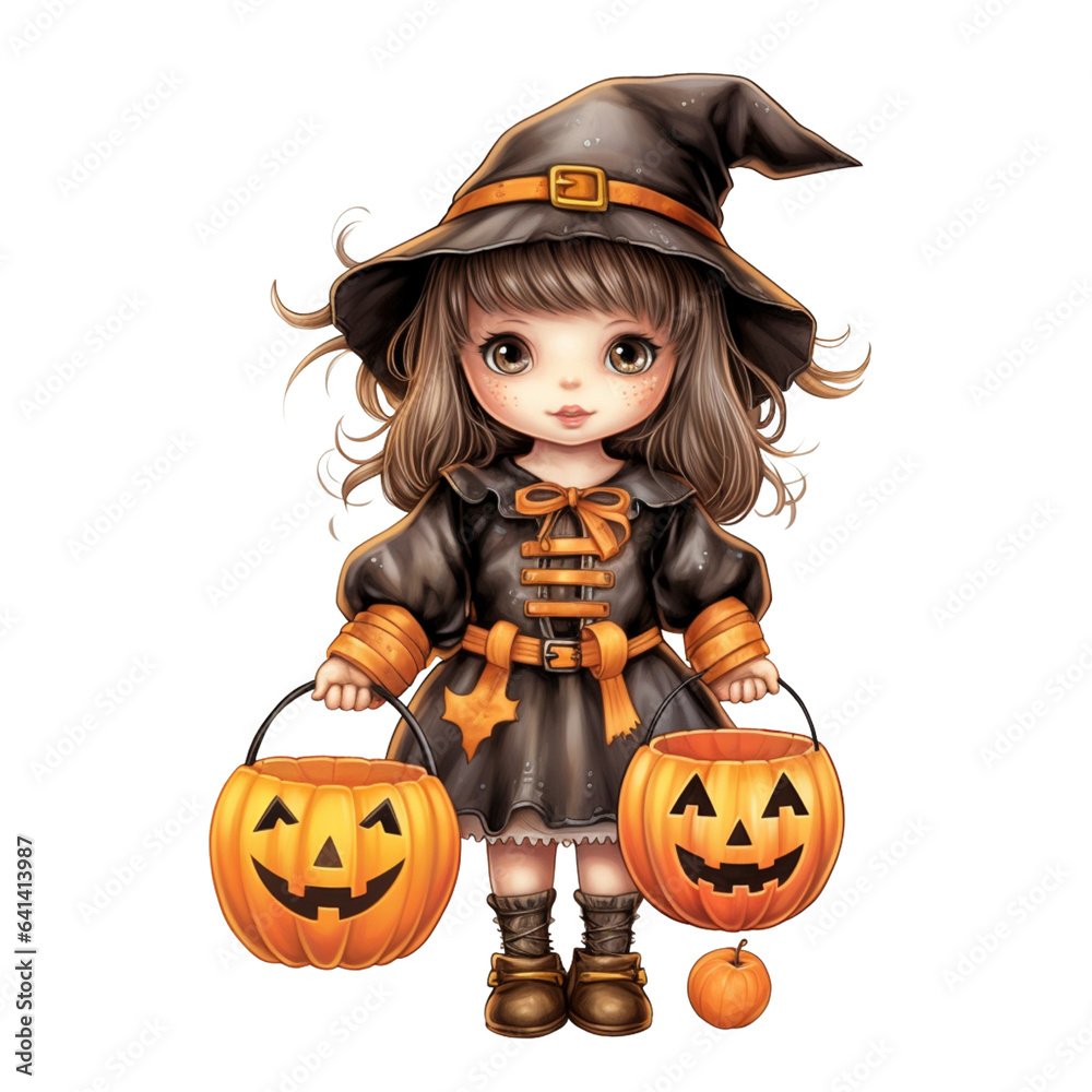 Fototapeta premium Kawaii little witch holding jack o lanterns in their arm in Halloween festival