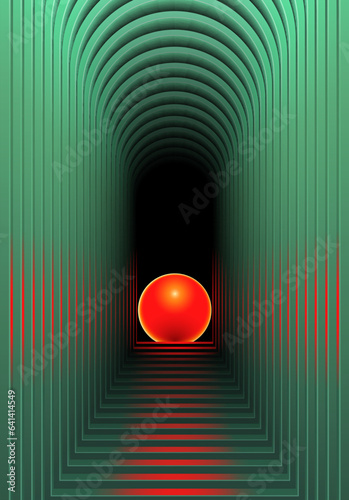 Retro futuristic card with red neon ball in the green corridor of aches. Retrowave or vaporwave 90s styled surreal background.