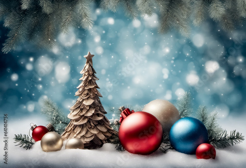 Illistrazione natalizia, albero pigna con decorazioni di Natale sulla neve