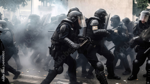 Police fending off demonstrators amid tear gas-filled riots in the streets. Generative AI © piai