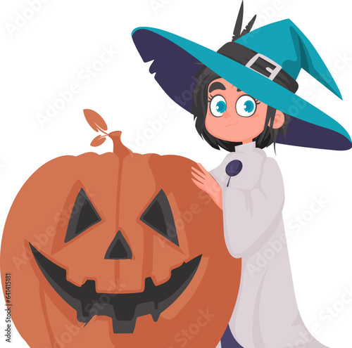 A girl is wearing a witch costume and is carrying a brightly colored pumpkin. Halloween is a unique concept or topic. Cartoon style, Vector Illustration