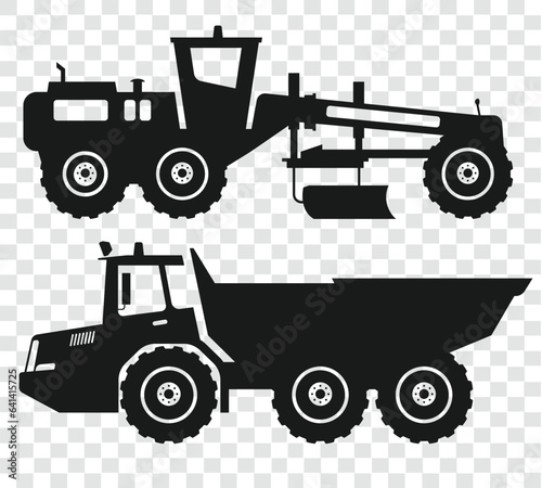 Black Silhouette of Constructions vehicles isolated on transparent grid backgrounds.