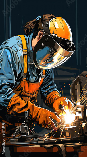 Welding work in a factory, a male welder welds steel, cartoon style