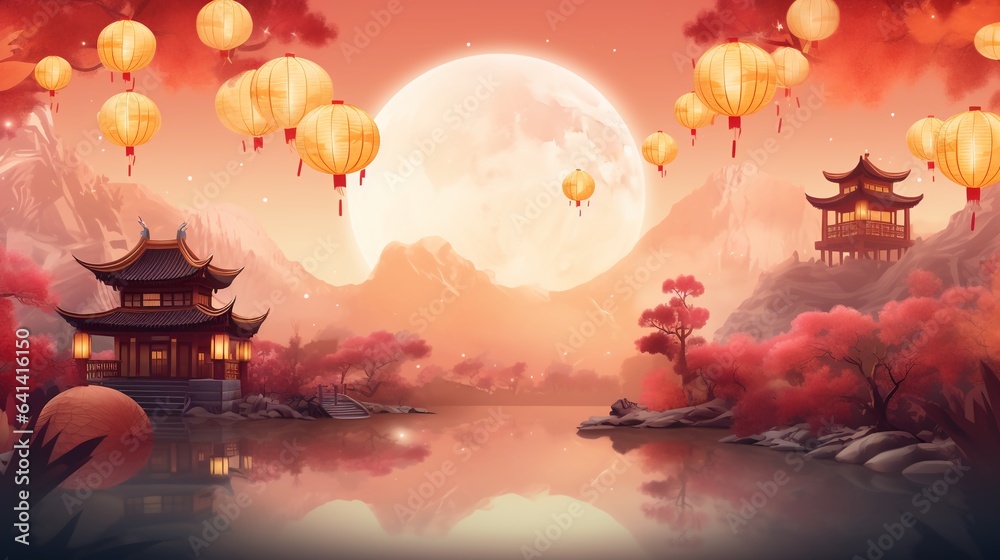 Full moon with traditional house and bright colored lanterns landscape celebrating background, Mid autumn festival colorful illustration horizontal background.