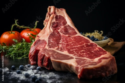 Rich navy blue setting complements the detailed view of a raw T bone steak