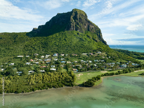 Aerial view: Luxury villas, golf fileld and Le Morne mountain in Mauritius photo